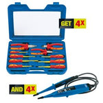 Introducing the Draper Deal Eight Big Added Value No.1 - *HT KIT 8/20: A blue toolbox packed with multiple screwdrivers and pliers, alongside a set of digital multimeter probes. The text reads "GET 4X" and "AND 4X". Expert Quality fully insulated plier and screwdriver sets from Draper are included.