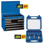 The Draper Deal Eleven Big Added Value No.1 - *HT KIT 11/20 includes a blue multi-drawer tool chest with the lid open, along with a blue plastic case containing an assortment of four pliers. Text indicating promotion: "GET 4X" and "AND 4X". Ideal for any workshop, this Draper Tools pliers set ensures you're always prepared for the job at hand.