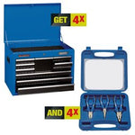 The Draper Deal Eleven Big Added Value No.1 - *HT KIT 11/20 includes a blue multi-drawer tool chest with the lid open, along with a blue plastic case containing an assortment of four pliers. Text indicating promotion: "GET 4X" and "AND 4X". Ideal for any workshop, this Draper Tools pliers set ensures you're always prepared for the job at hand.