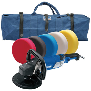 The Draper Dual Function Polisher Kit, 180mm - PTKDTK1 from Draper comes with multiple foam pads in assorted colors, a blue carrying bag, and features variable speed control for precision work.