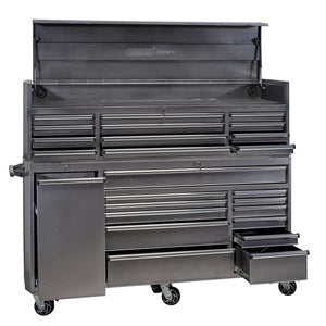 The Draper Expert Combined Roller Cabinet And Tool Chest, 25 Drawer, 72" - DTKTC12C/RC13 by Draper is a heavy-duty storage solution featuring an open top section and several drawers designed for organized tool storage.