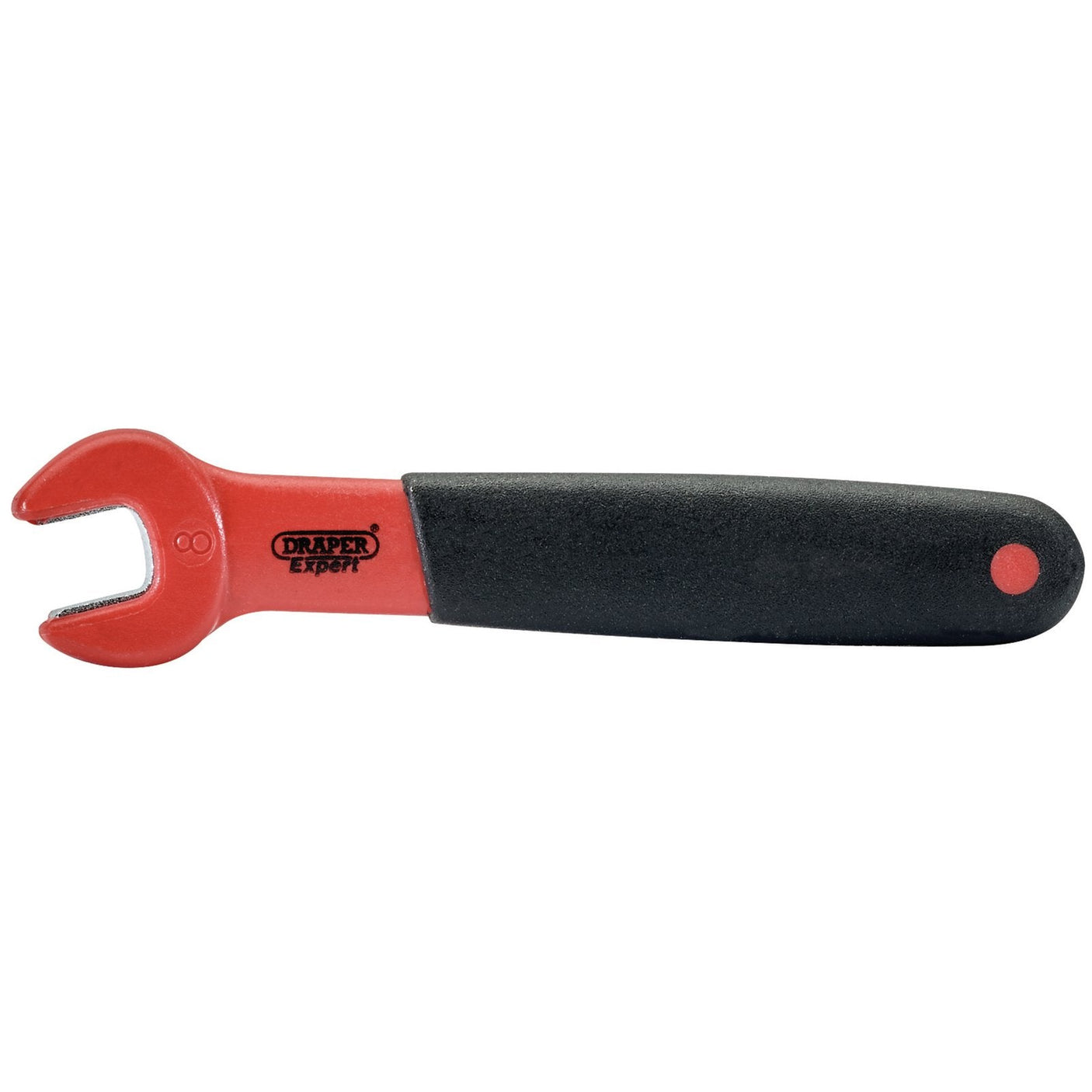 A Draper Vde Approved Fully Insulated Open End Spanner, 8mm - 8299, features a red and black design with a cushioned grip and is marked with "Draper Expert," making it ideal for an electric vehicle technician.