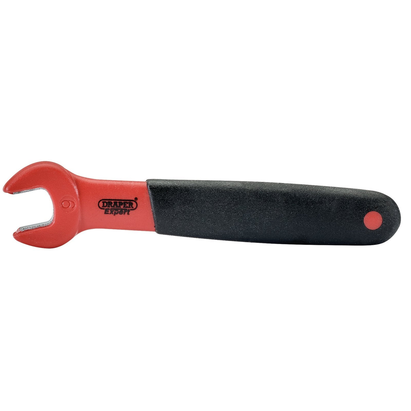 Red and black open-end spanner with a rubber-coated handle, labeled "Draper," meeting VDE standards for safe electrical applications.