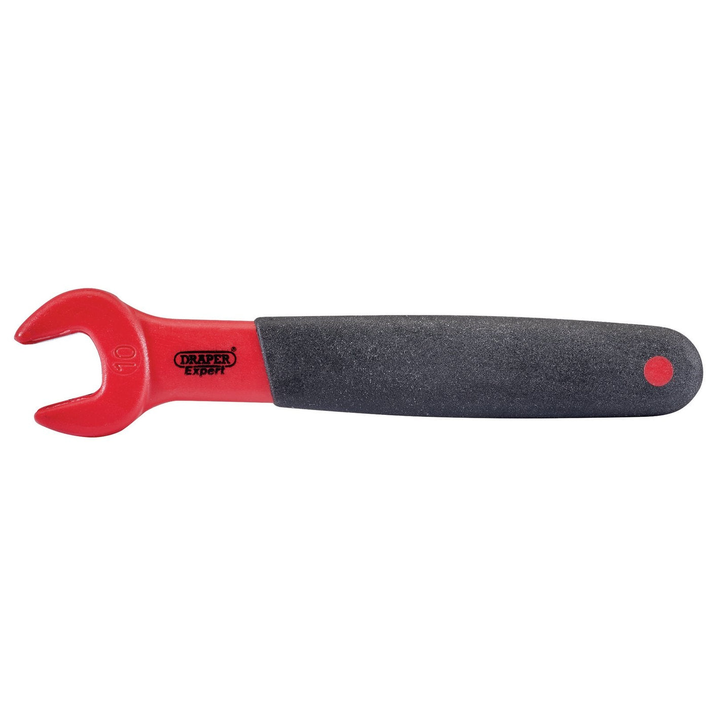 A red and black Draper Vde Approved Fully Insulated Open End Spanner, 10mm - 8299, designed for electrical applications and providing excellent electric shock protection.