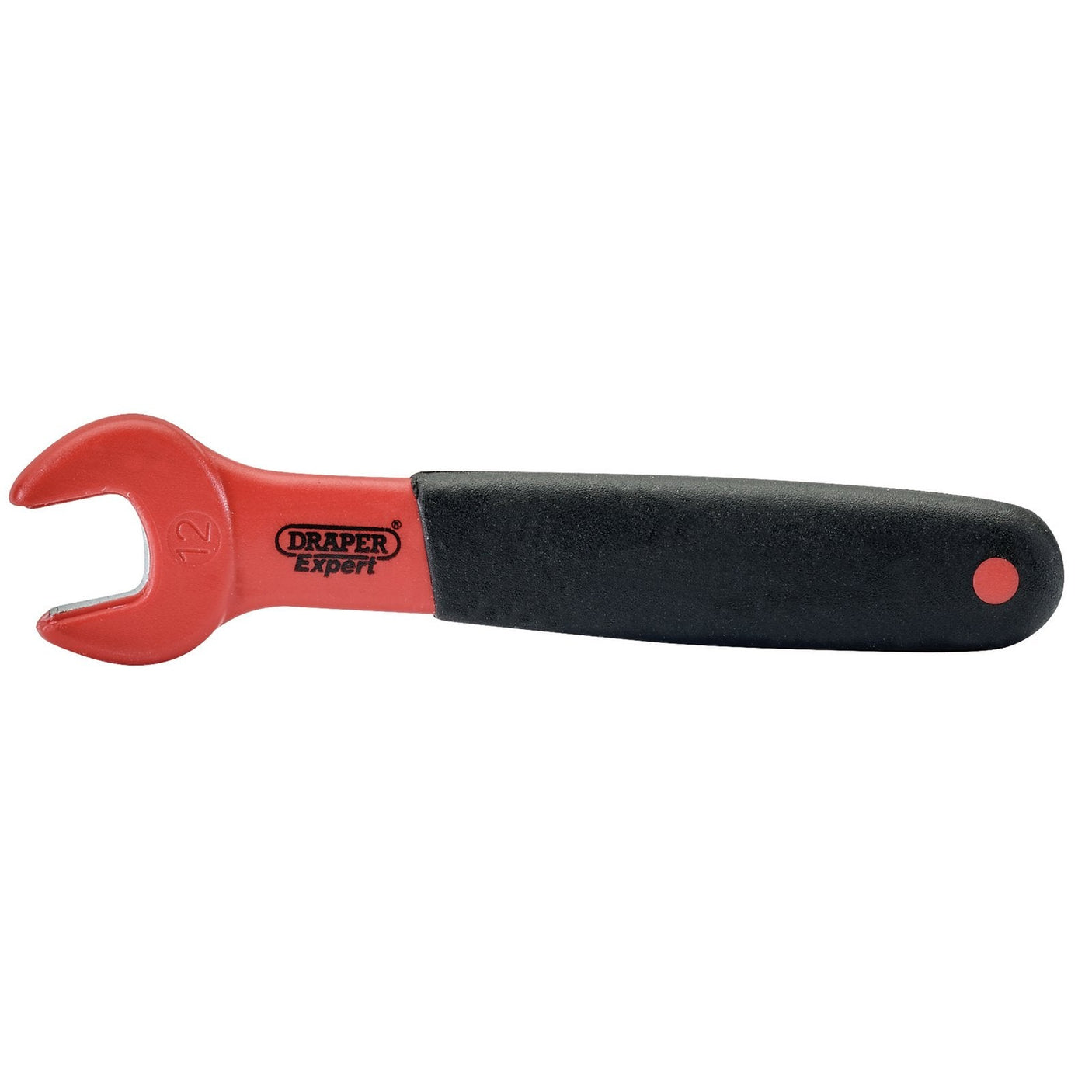 A Draper VDE Approved Fully Insulated Open End Spanner, 12mm - 8299, featuring a red design and black handle. Perfect for electrical applications and ideal for electric vehicle tools.