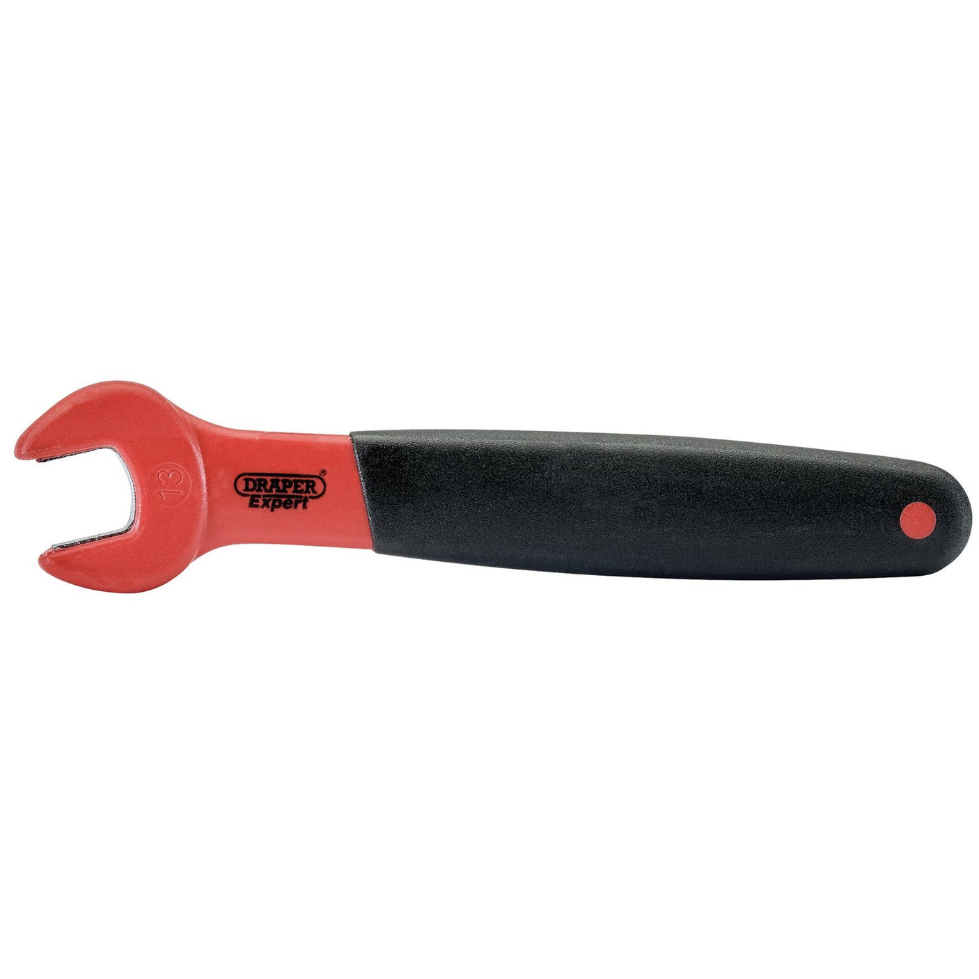 A Draper Vde Approved Fully Insulated Open End Spanner, 13mm - 8299, featuring a handle marked "Draper," perfect for the electrical vehicle technician or electrician's tool kit.