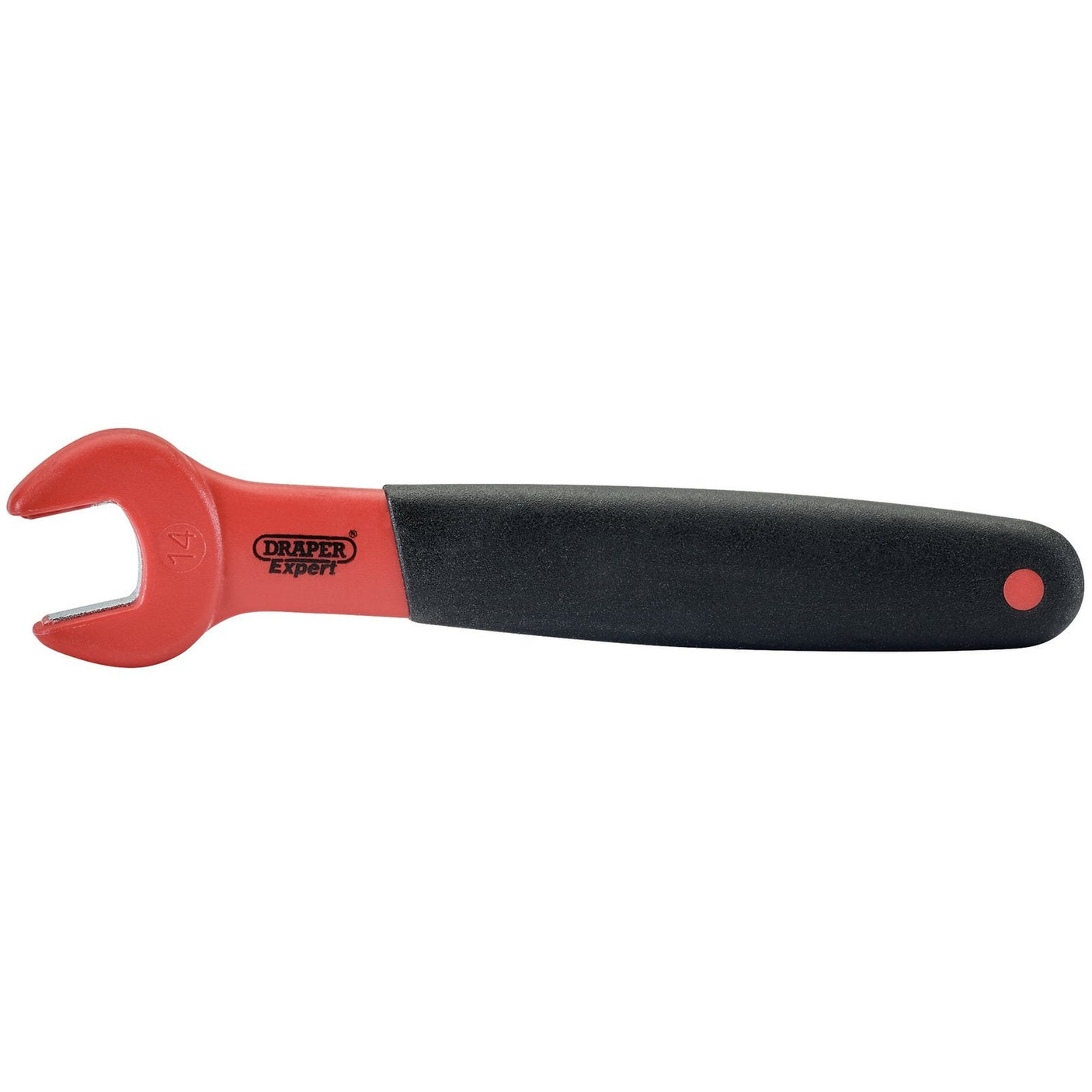 A red and black, fully insulated rubber-handled open-end spanner from Draper, labeled "Draper Vde Approved," features a 14 mm opening that provides protection from electric shocks and complies with EN 60900 standards.