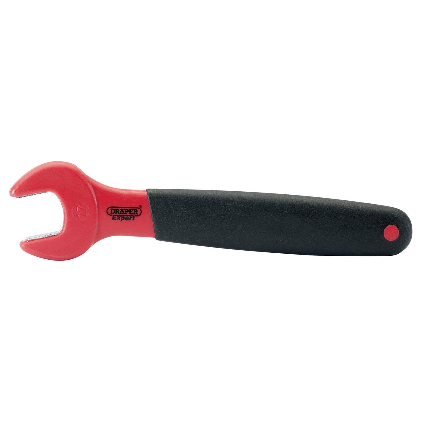 A 17mm open-end spanner with a red and black handle, branded "Draper," designed for electrical applications and offering reliable protection against electric shocks.