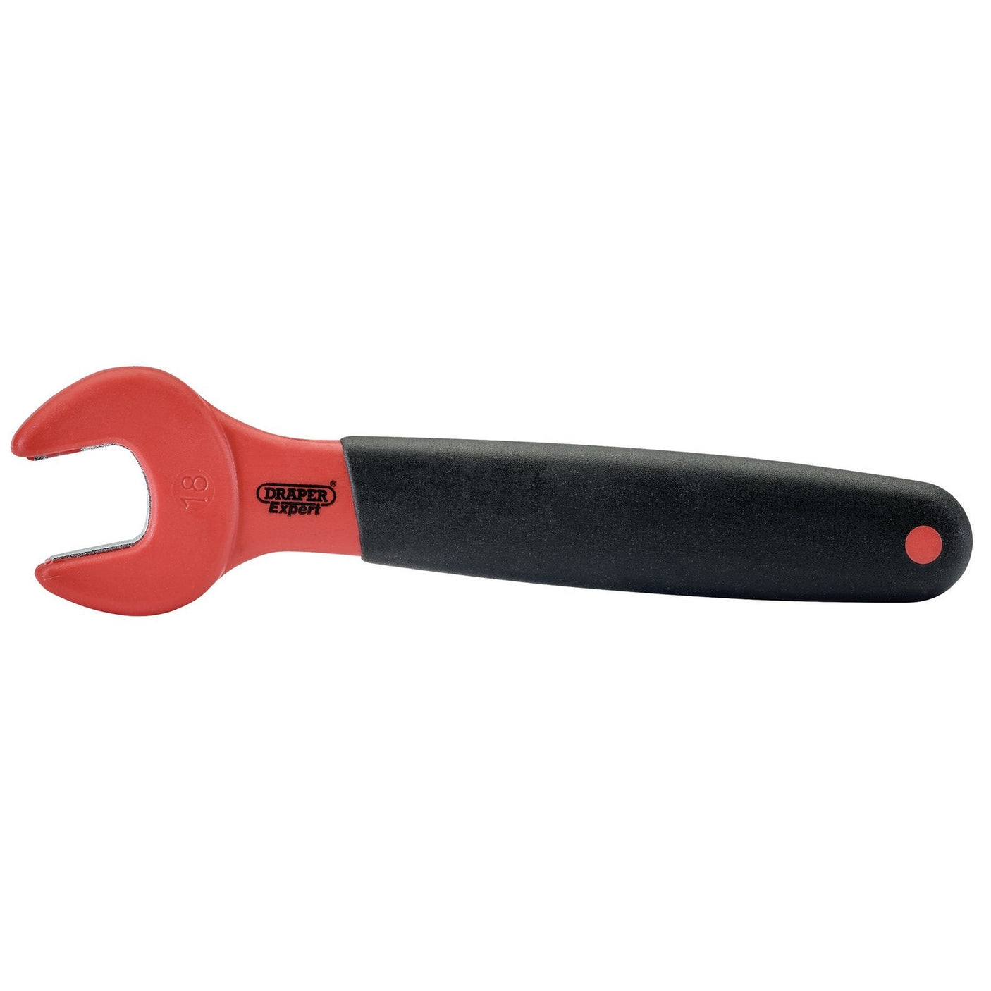 The Draper Vde Approved Fully Insulated Open End Spanner, 18mm - 8299, features a red and black U-shaped opening design and is branded with "DRAPER." It’s crafted for electrical and industrial applications, providing electric shock protection and isolated on a white background.