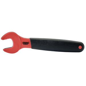 The Draper Vde Approved Fully Insulated Open End Spanner, 18mm - 8299, features a red and black U-shaped opening design and is branded with "DRAPER." It’s crafted for electrical and industrial applications, providing electric shock protection and isolated on a white background.