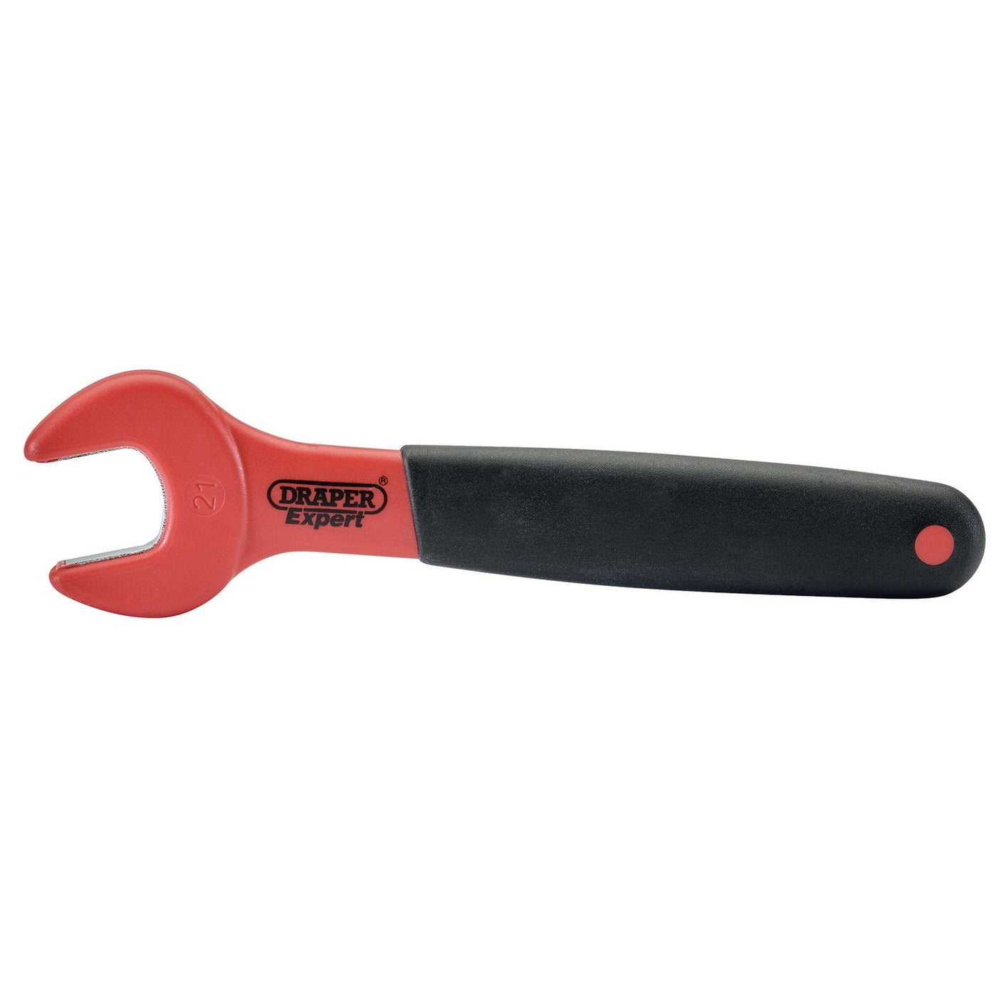 A Draper Vde Fully Insulated Open End Spanner, 21mm - 8299, featuring a red and black design and an open-ended, U-shaped head, is ideal for electrical and industrial applications.