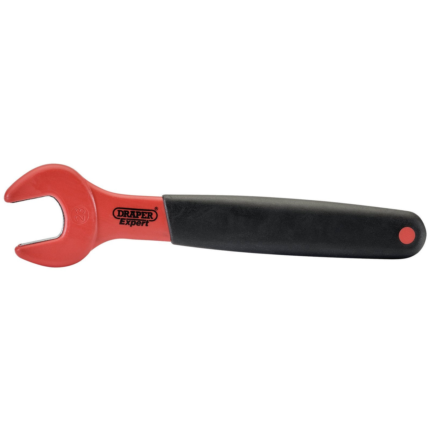 A Draper VDE Approved Fully Insulated Open End Spanner, 23mm - 8299, features a red and black handle, designed specifically for certain size nuts and bolts while adhering to VDE standards for electrical safety.