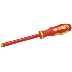 The Draper Ergo Plus Vde Fully Insulated Nut Driver, 5mm - 965/NR, from Draper features a red and yellow handle that is ergonomically designed for electrical applications, making it perfect for maintenance engineers.