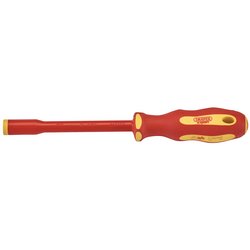 The Draper Ergo Plus VDE Fully Insulated Nut Driver, 7mm - 965/NR features a red and yellow ergonomic handle, a flat blade, and an insulated sheath, making it perfect for electrical applications.