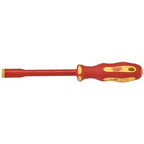 The Draper Ergo Plus VDE Fully Insulated Nut Driver, 7mm - 965/NR features a red and yellow ergonomic handle, a flat blade, and an insulated sheath, making it perfect for electrical applications.