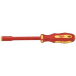 The Draper Ergo Plus VDE Fully Insulated Nut Driver, 7mm - 965/NR features a red and yellow ergonomic handle, a flat blade, and an insulated sheath, making it perfect for electrical applications.