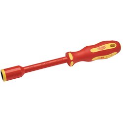 The Draper Ergo Plus Vde Fully Insulated Nut Driver, 13mm - 965/NR features a red and yellow insulated design with a rubber handle for efficient gripping and turning of nuts and bolts. Ideal for electrical and industrial applications, this ergonomic tool is EN60900 tested to ensure safety and reliability.