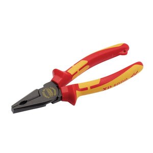 Image of Draper Xp1000® Vde Hi-Leverage Combination Pliers, 180mm, Tethered - XP1000HLCP with red and yellow insulated handles, featuring induction-hardened jaws designed for electrical work.