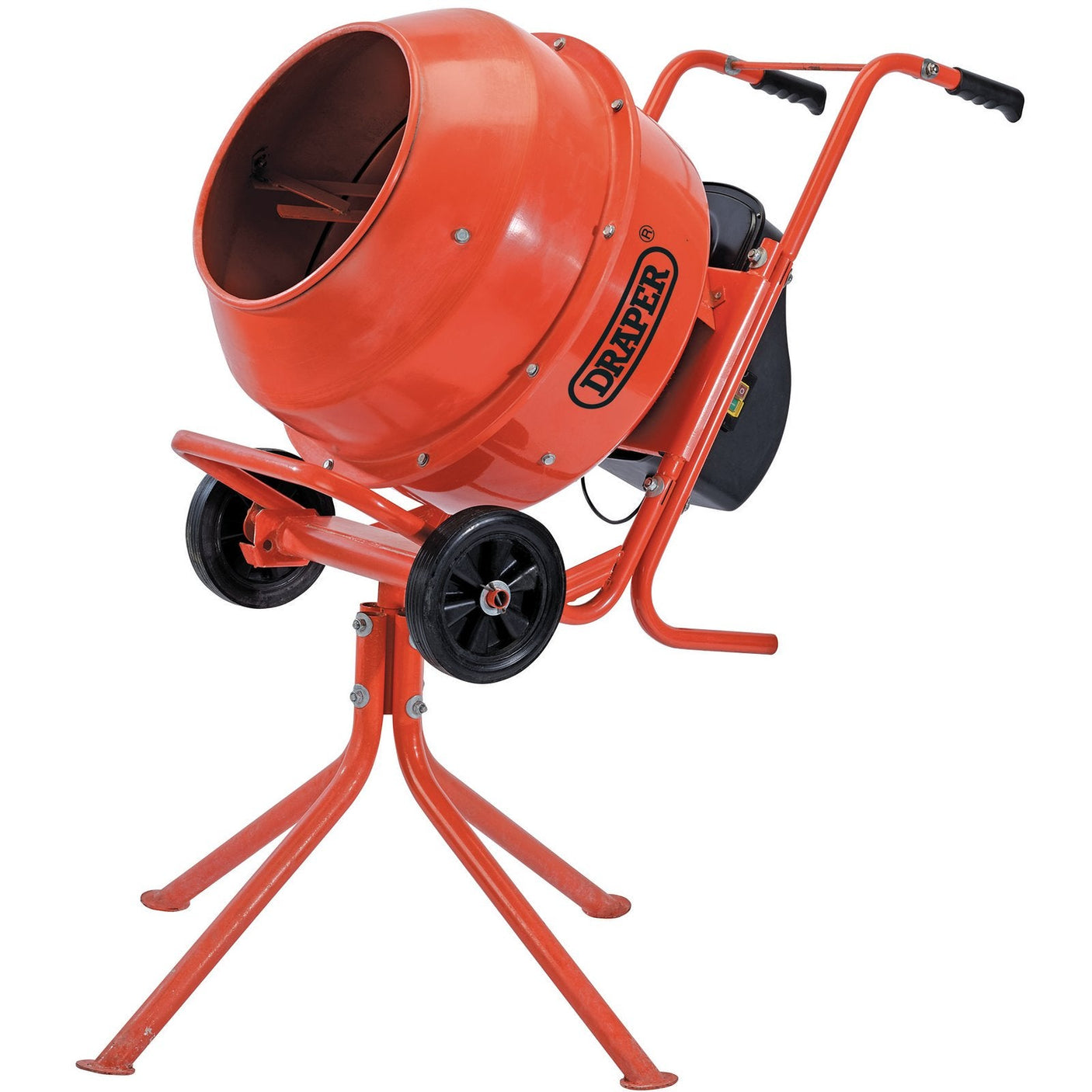 A bright orange Draper 230V Cement Mixer, featuring a heavy-duty 160L drum on a tripod stand, with the brand name "Draper" proudly printed on the drum.