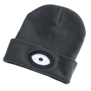 A gray Draper Beanie Hat with a rechargeable, front-mounted oval-shaped 1W LED torch emitting 100 lumens, offering convenience similar to a solar-powered, auto-darkening welding helmet.