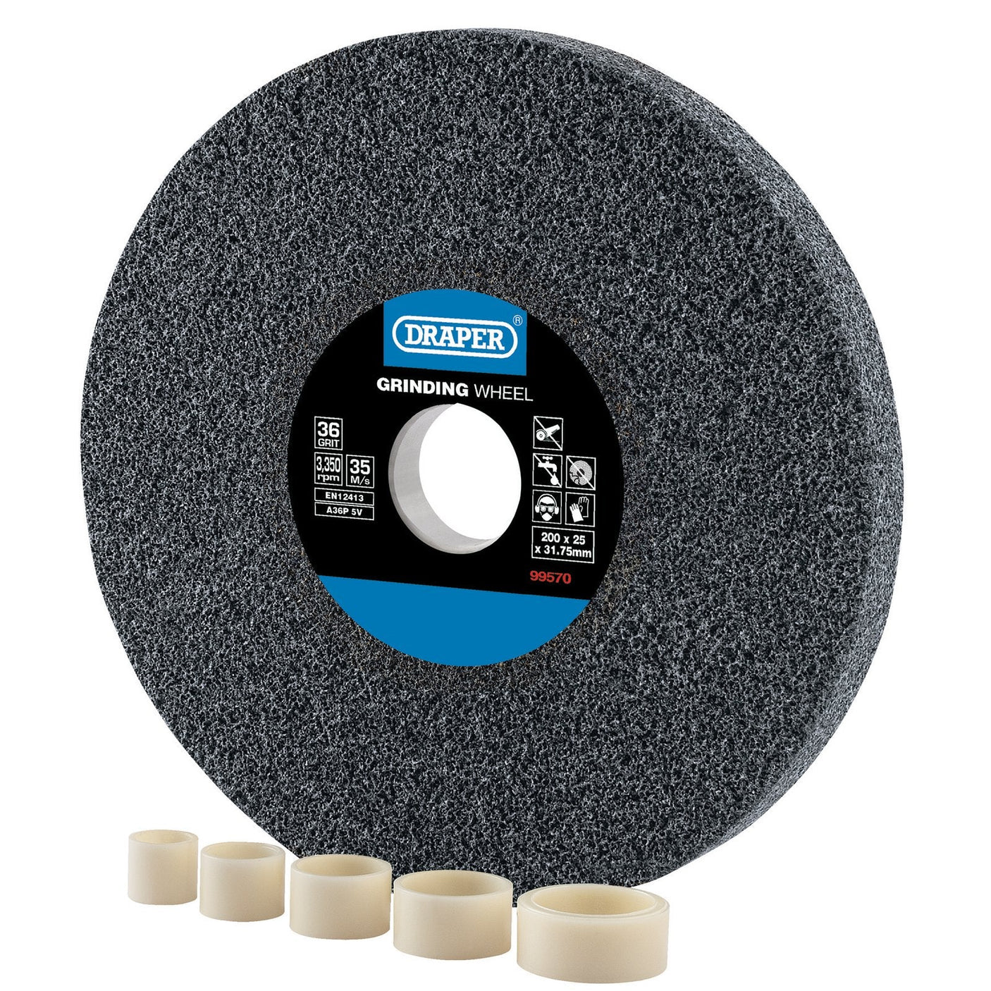 The Draper Aluminium Oxide Bench Grinding Wheel, measuring 200 x 25mm and featuring 36 grit - BG20025C, sits next to five beige bushings of different sizes on a white background. This durable grinding wheel is perfect for precise tool sharpening.