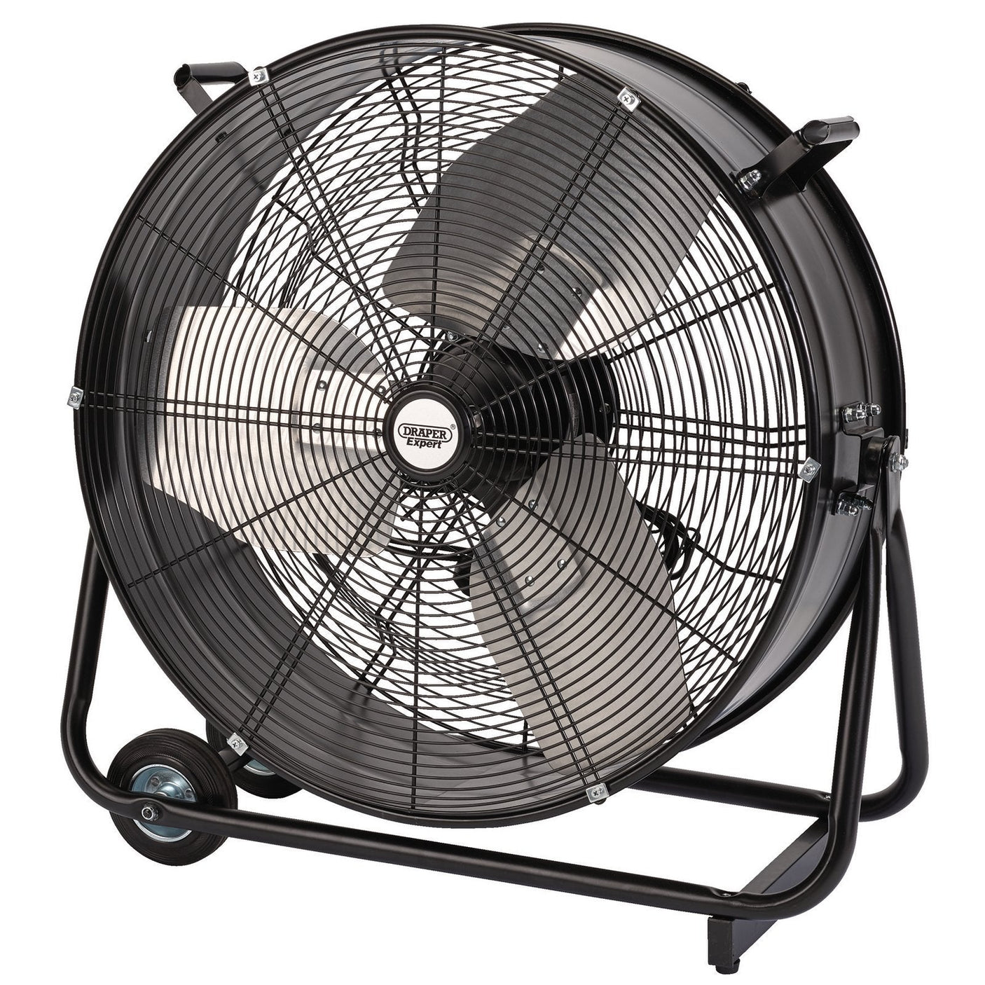 The Draper 230V High Flow Drum Fan, 24"/600mm, 330W - HV-24/E is a large, black industrial floor fan with metal blades and a protective wire grille. It features 360° rotation and is mounted on a sturdy frame with dual wheels for easy portability.