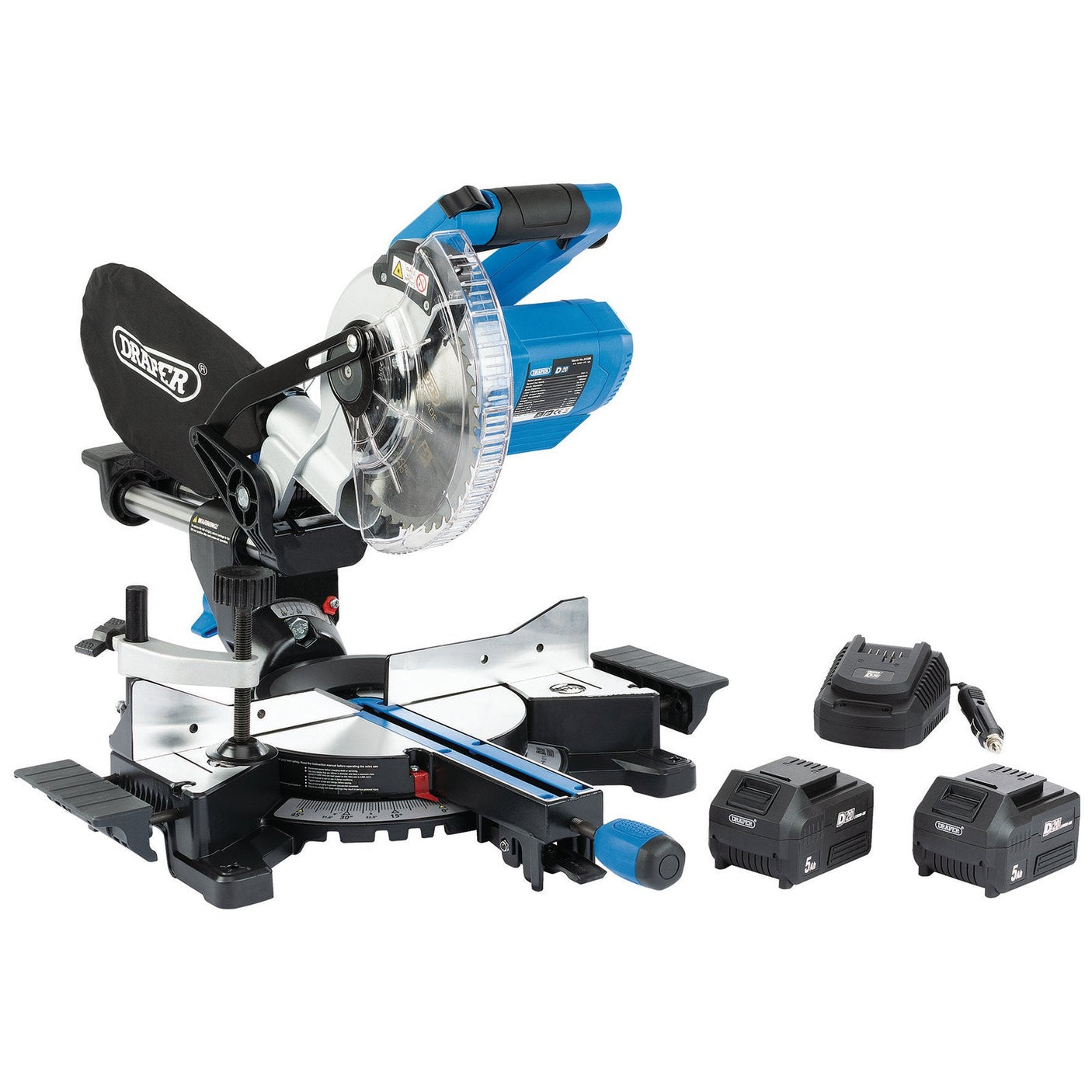 A Draper D20 20V Brushless 185mm Sliding Compound Mitre Saw Kit (PTKCPKIT1), featuring a blue and black design, comes with two 5Ah lithium battery packs and a 12V charger, all set against a white background.