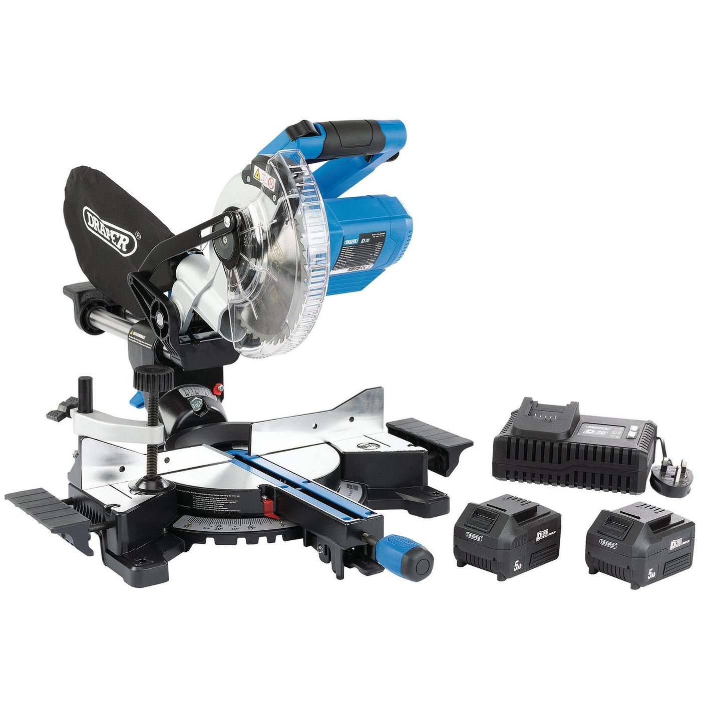 Draper D20 20V Brushless 185mm Sliding Compound Mitre Saw Kit (+2 X 5Ah Batteries And Charger) - PTKCPKIT2 - Farming Parts