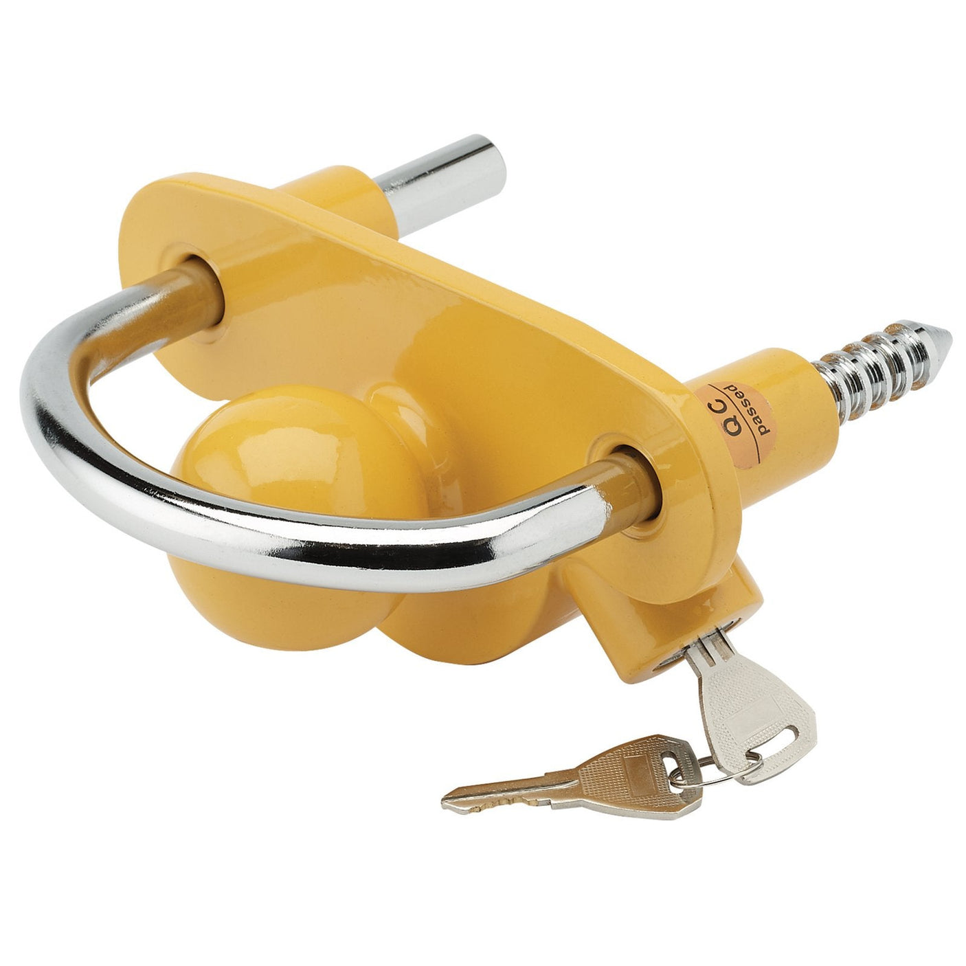 A Draper Hitch Lock, 50mm - TT115, featuring a yellow body with a chrome U-shaped bar and two inserted keys.