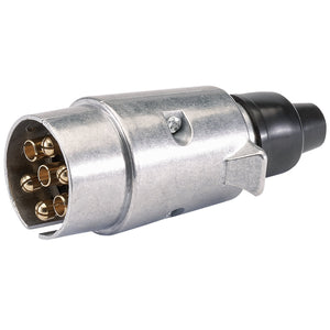 The Draper 7-Pin N-Type Metal Towing Plug - TT117 from Draper features a round metal body, black plastic tail end, and gold-colored pins in the connector section to ensure secure connections for your trailer lights.