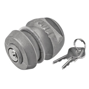 The Draper Tow Ball Lock, 50mm - TT125, by Draper, is a heavy-duty gray steering wheel lock crafted from non-corrosive solid forged steel. It features a coil spring and comes with two keys on a keyring, offering unparalleled trailer security.