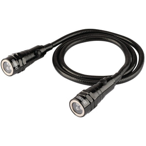 A coiled black flexible bike lock with two U-shaped end clasps, reminiscent of a Draper Twin Flexi Snake Inspection Light with Magnetic Ends for added security.