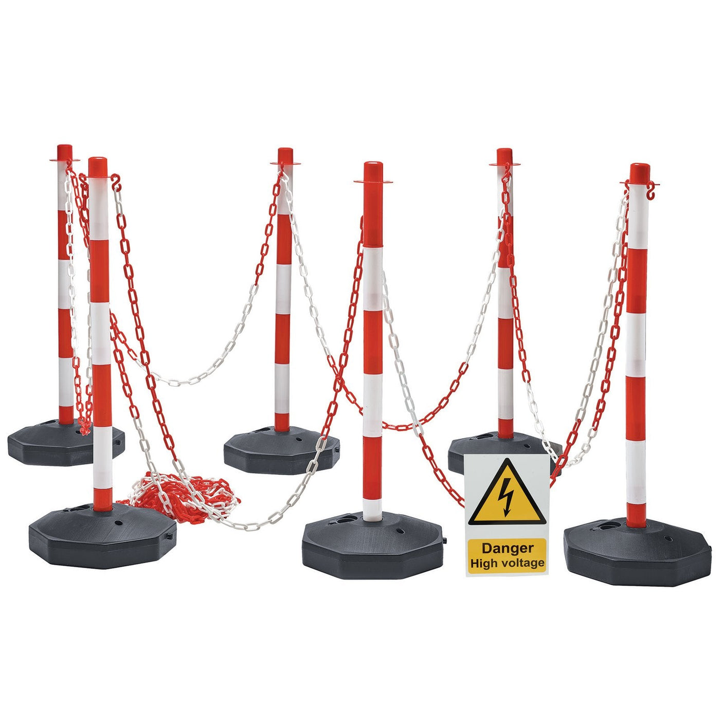 Several components from the Draper Electrical Exclusion Kit (DTKEXCLUSIONKIT) linked with chains surround a warning sign that reads "Danger High Voltage," creating robust safety environments.