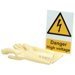 A pair of Draper Electrical Insulating Gloves, essential personal protective equipment, lie next to a Draper 'Danger High Voltage' Hazard Sign depicted by a lightning bolt in a triangle above text reading "Danger High Voltage".