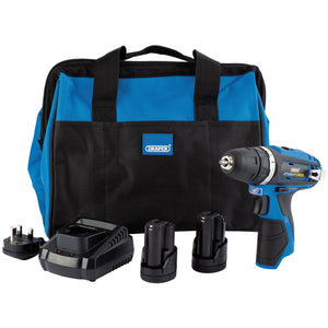 The Draper Storm Force® 10.8V Power Interchange Rotary Kit, model PTKRDK10, includes two 1.5Ah batteries, a charger with a UK plug adapter, and a blue carrying bag with black handles and exterior pockets.