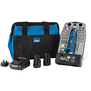 The Draper Storm Force® 10.8V Power Interchange Multi-Tool Kit (model PTKMTK10) comes with a blue and black tool bag, a charger, two 1.5Ah batteries, various attachments neatly organized in a plastic holder, all utilizing an interchangeable battery system.