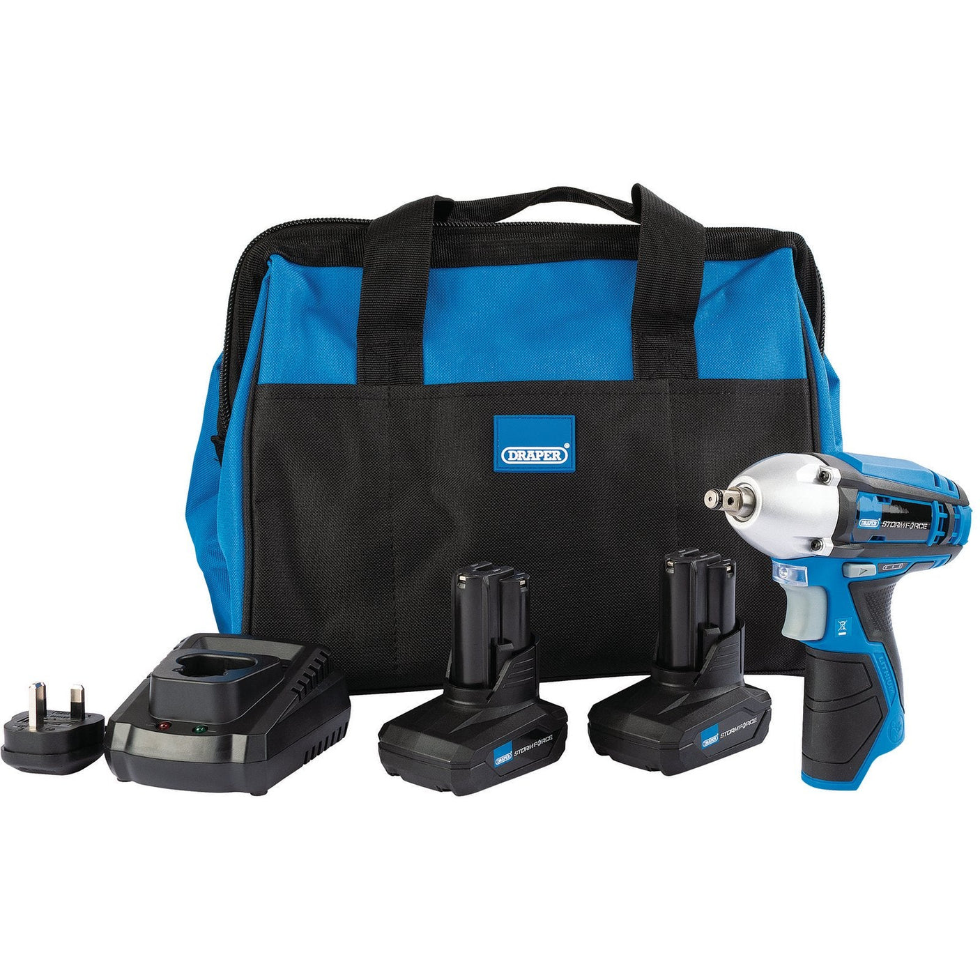 The Draper Storm Force 10.8V Power Interchange Impact Wrench Kit, PTKIWK10/4, includes a charger, two 4.0Ah batteries, an impact wrench, and a carrying bag—all featuring an interchangeable battery system from the trusted Draper brand.