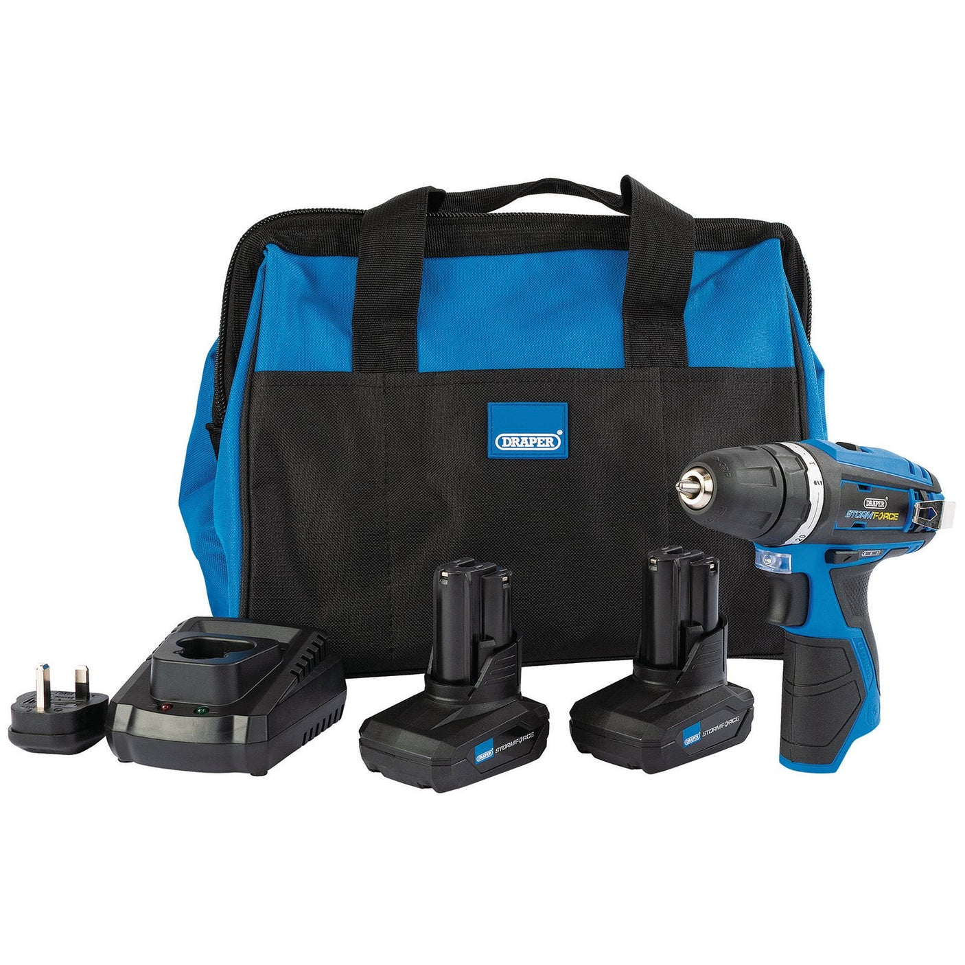 The Draper Storm Force 10.8V Power Interchange Rotary Drill Kit (PTKRDK10/4) includes a blue and black 10.8V Rotary Drill, two 4.0Ah batteries with an interchangeable system, a charger, and a matching blue and black carrying bag.