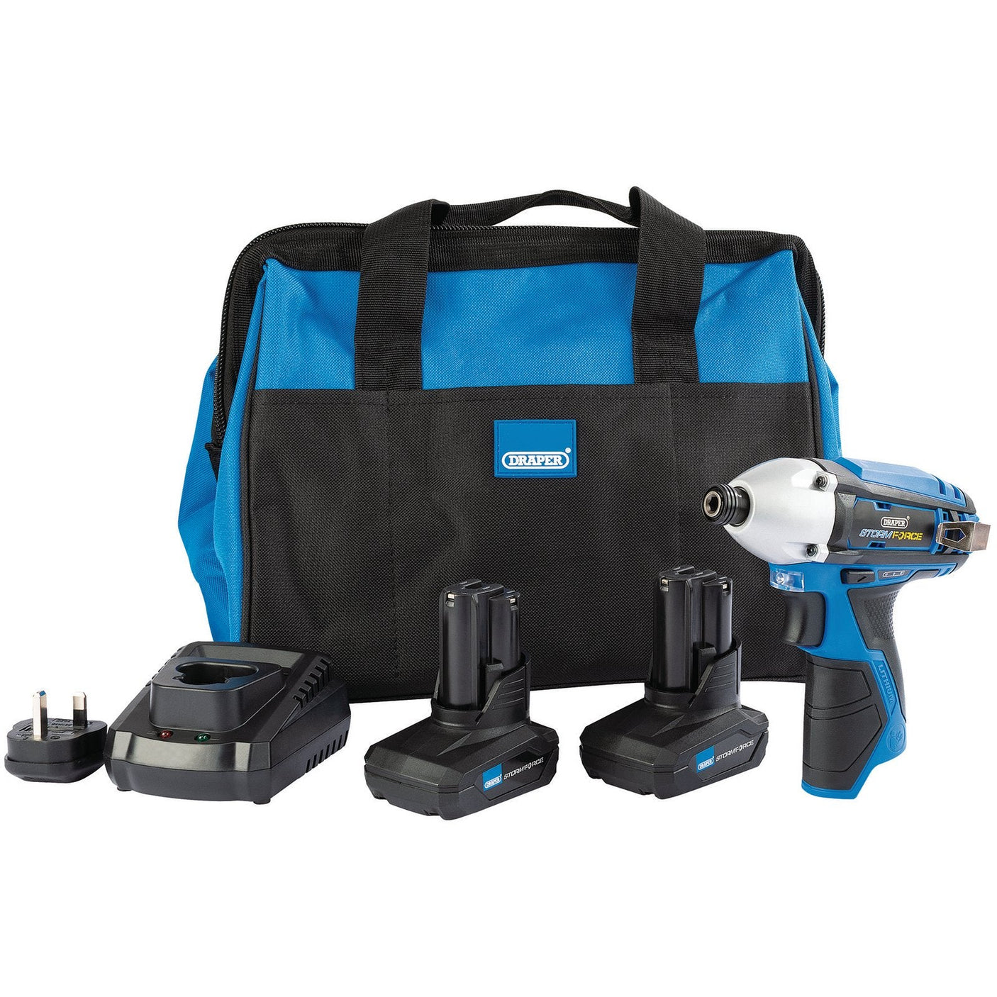 The Draper Storm Force 10.8V Power Interchange Impact Driver Kit, model PTKIDK10/4, is a comprehensive power tool set that includes the 10.8V Impact Driver, two 4.0Ah li-ion batteries, a charger, and a durable carrying bag in blue and black.