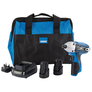 A Draper Storm Force® 10.8V Power Interchange Impact Driver Kit in blue and black, complete with two 1.5Ah batteries, a charger, and a matching carrying bag (PTKIDK10). This kit features an interchangeable battery system for added convenience.