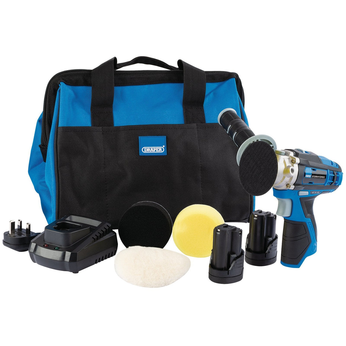 A versatile power tool kit featuring a blue and black Draper carrying bag, cordless drill, battery charger, two 1.5Ah li-ion batteries, various attachments, an adapter, and the Draper Storm Force® 10.8V Power Interchange Mini Polisher with polishing pads.