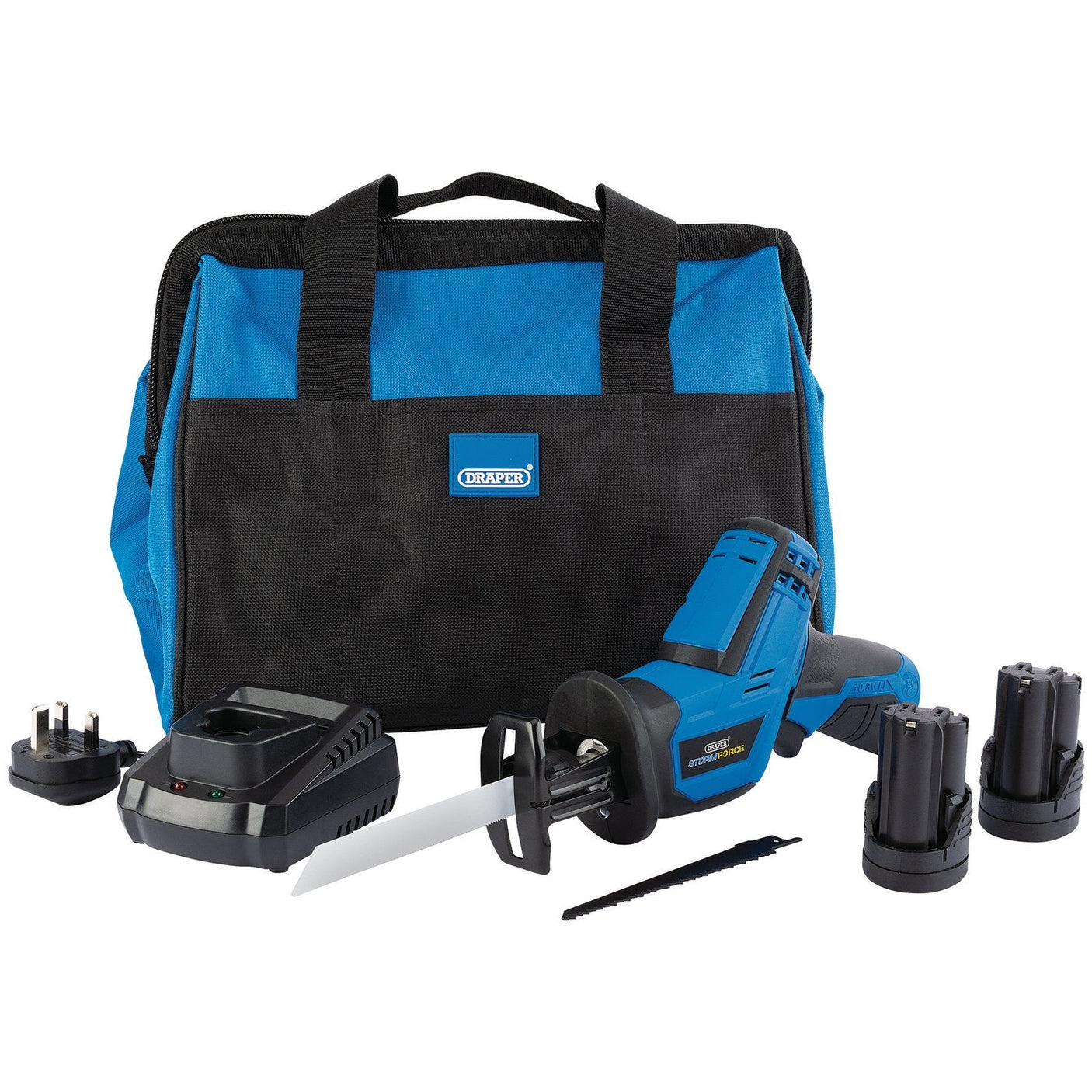 The Draper Storm Force® 10.8V Power Interchange Reciprocating Saw Kit (PTKRSK10) includes a reciprocating saw, two 1.5Ah batteries, a charger, an extra blade, and a carrying bag.