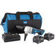 A power tool kit consisting of a Draper D20 20V Brushless Nibbler, two 5.0Ah lithium batteries, a fast charger, and a carrying bag.