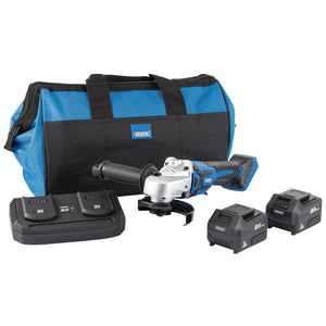 Introducing the Draper D20 20V Brushless Grinder set, model PTKD20K7, featuring a 115mm cordless grinder, complete with a blue and black carrying bag, two 3.0Ah lithium batteries, and a twin battery charger.