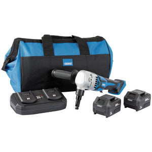 The Draper D20 20V Brushless Nibbler kit includes an electric drill, a 420mm tool bag, a twin charger, and two 20V 3.0Ah lithium batteries.