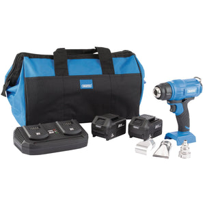 The Draper D20 20V Heat Gun Kit (PTKD20K10) includes a D20 heat gun, two 3.0 Ah 20V lithium batteries, a twin charger, a storage bag, and four nozzles, all in a blue and black color scheme.