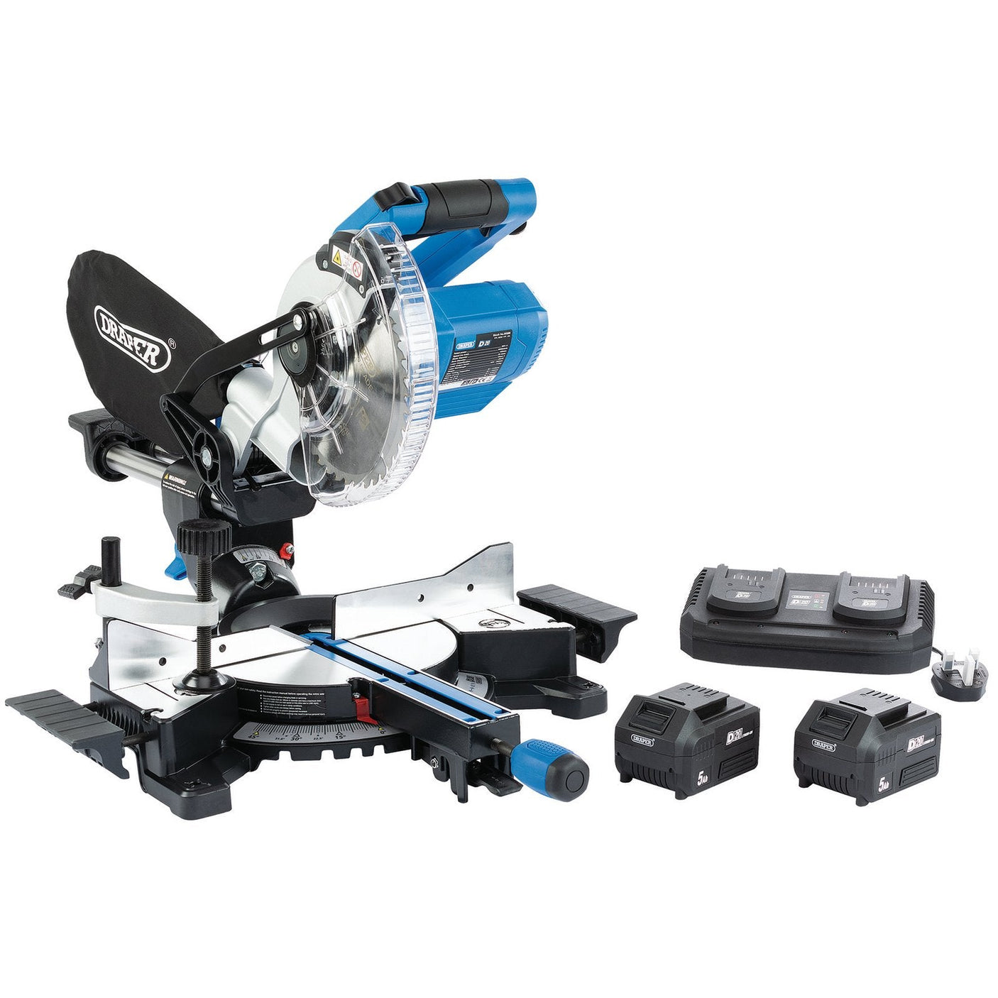 Introducing the Draper D20 20V Brushless Sliding Compound Mitre Saw, 185mm - PTKCPKIT2(TWIN), a blue and black saw featuring a clear blade guard and a brushless motor for enhanced efficiency. This model comes equipped with two batteries, a dual battery charger, and a dust collection bag.