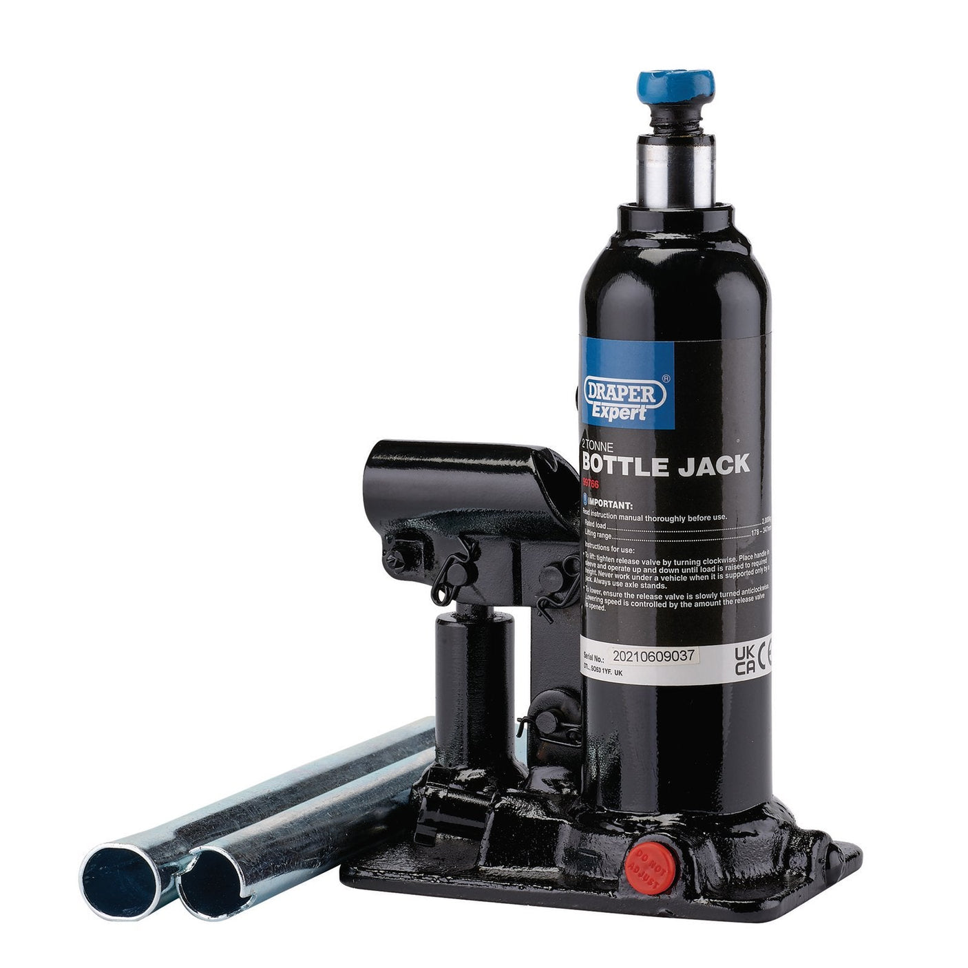 A Draper Expert Hydraulic Bottle Jack, 2 Tonne - BJE2, featuring a blue and black design with a labeled cylinder, an automatic safety overload valve, and two detachable metal handles, set against a plain white background.