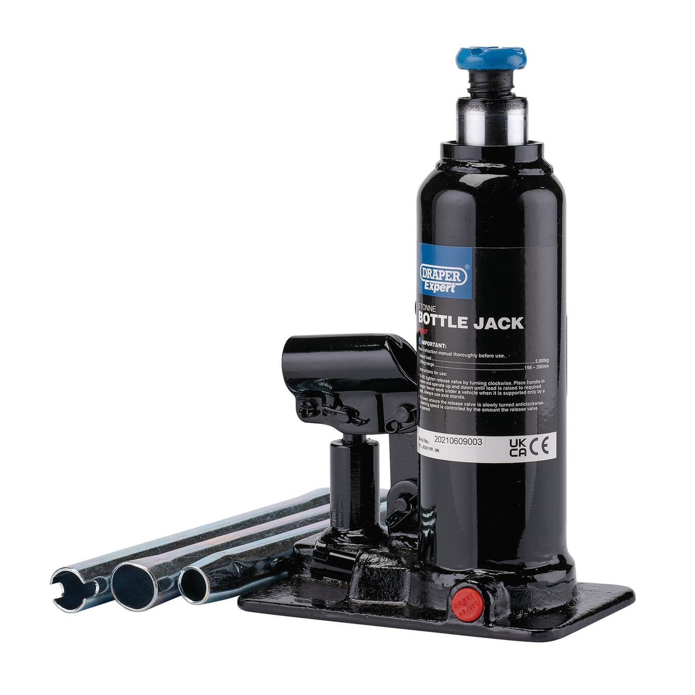 The Draper Expert Hydraulic Bottle Jack, 5 Tonne - BJE5 by Draper is a heavy-duty blue and black bottle jack equipped with two removable handles and an instruction label, making it perfect for commercial and industrial applications.