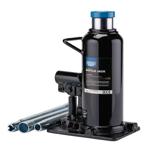 A heavy-duty black Draper Expert Hydraulic Bottle Jack, 20 Tonne - BJE20, equipped with a lever and base, along with three extension pipes, ideal for commercial and industrial applications.